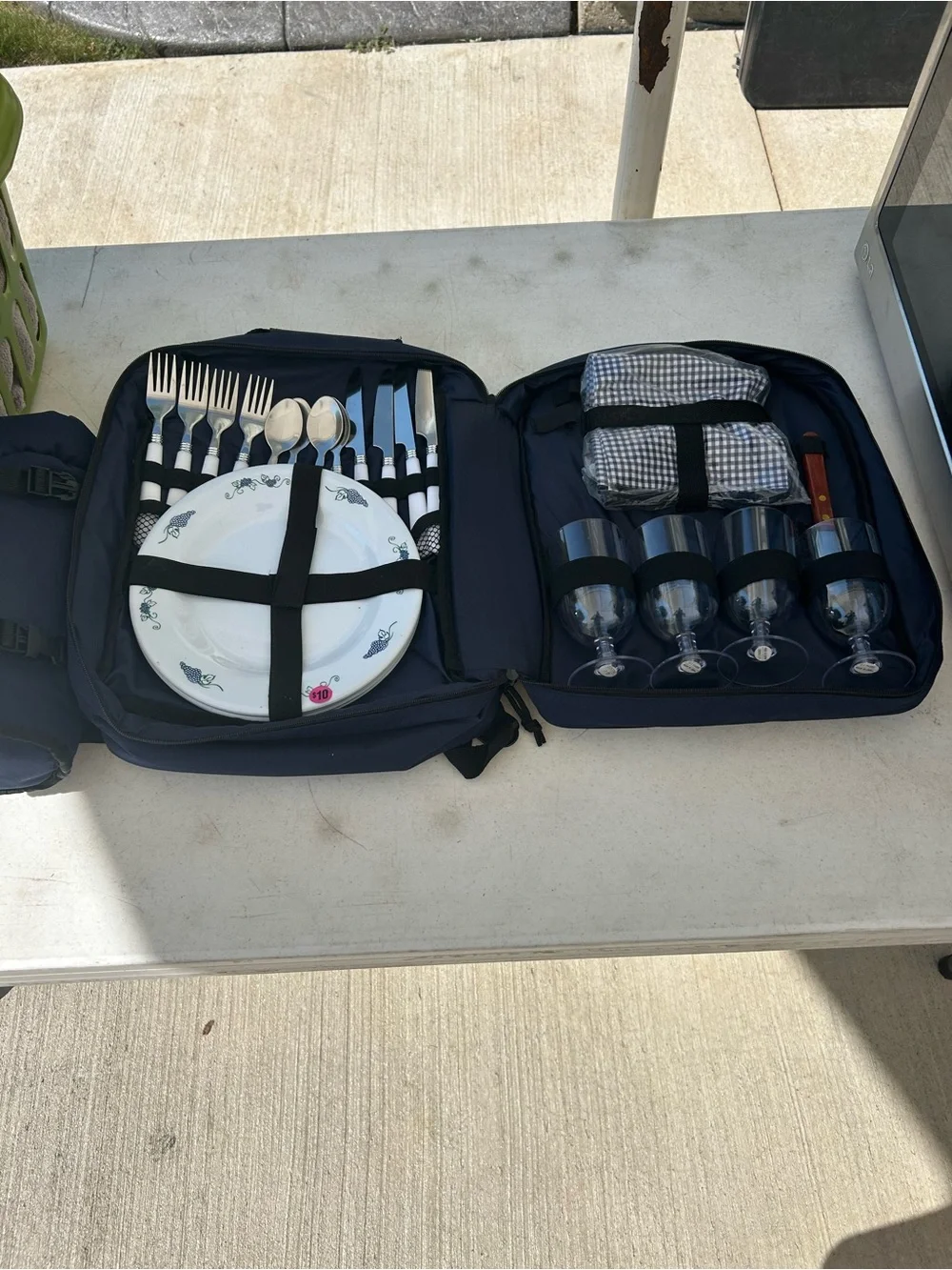 Portable Navy Picnic Dining Set with Cutlery and Glasses